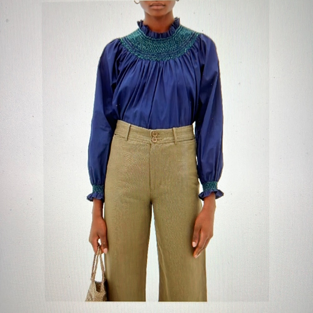 Loretta Caponi Maria Smocked Cotton Poplin Blouse